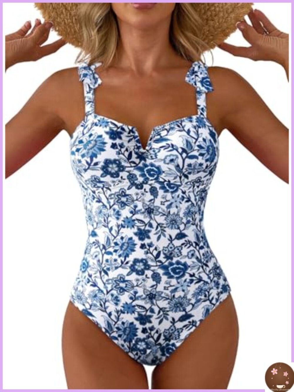 Women's One Piece Swimsuit Tummy Control V Neck Floral Boho Tie Shoulder Full
